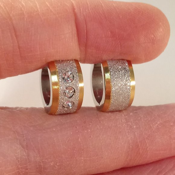 Mens Silver Gold Stainless Steel Diamond Zircon Sandblast Hoop Earrings 14mm - Picture 4 of 5